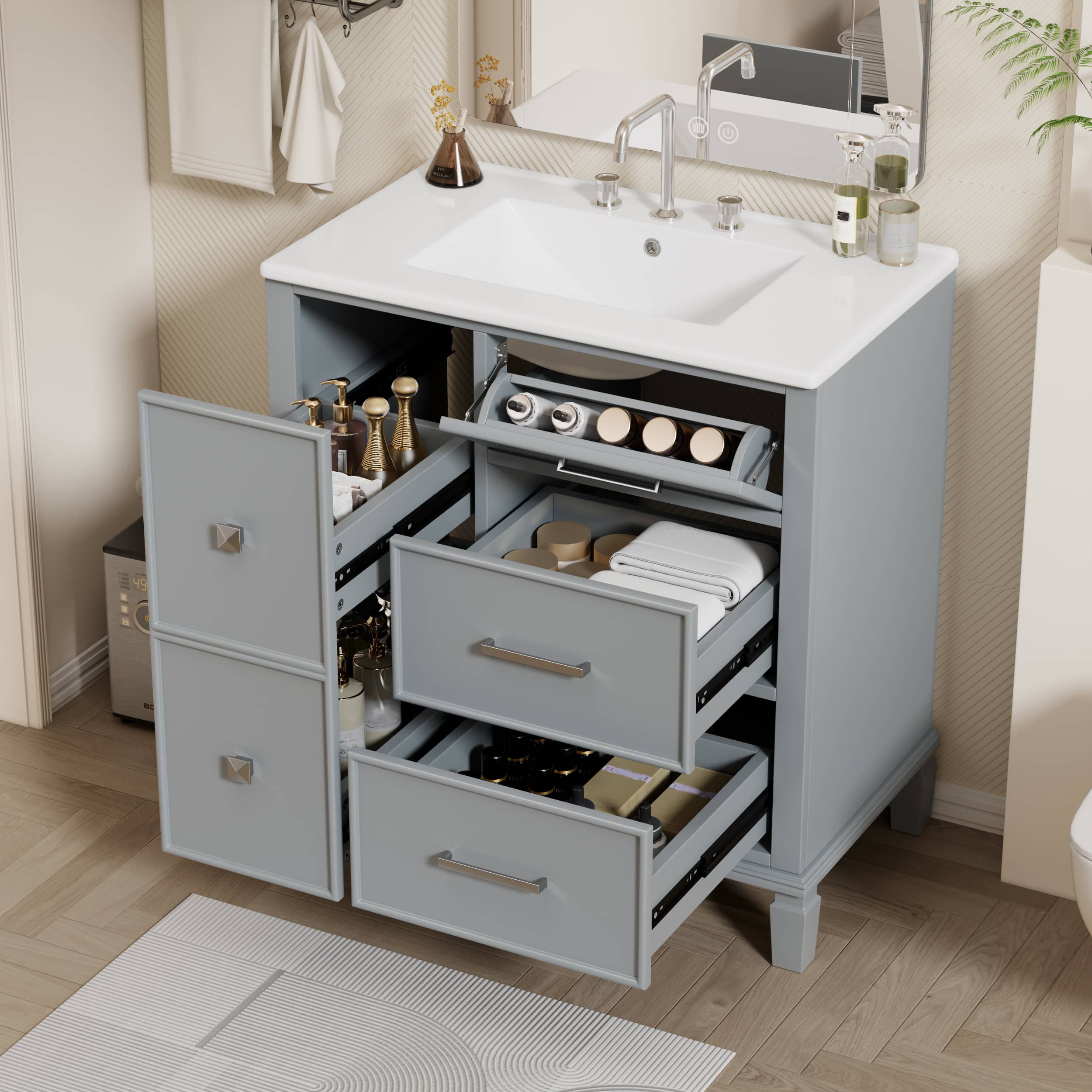 Tiramisubest - 30" Bathroom Vanity with Ceramic Sink, Flip-Out Drawer Design for Plumbing - Grey