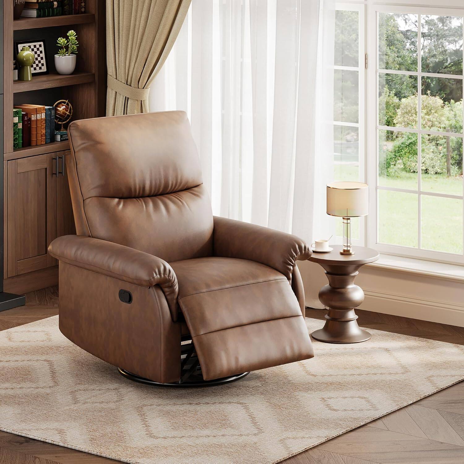 Left. Homhougo - Swivel Recliner w/ USB Port – 360° Glider Rocker, Deep Seat, Orange PU Leather, Ideal for Nursery or Living Room - ‎Orange.