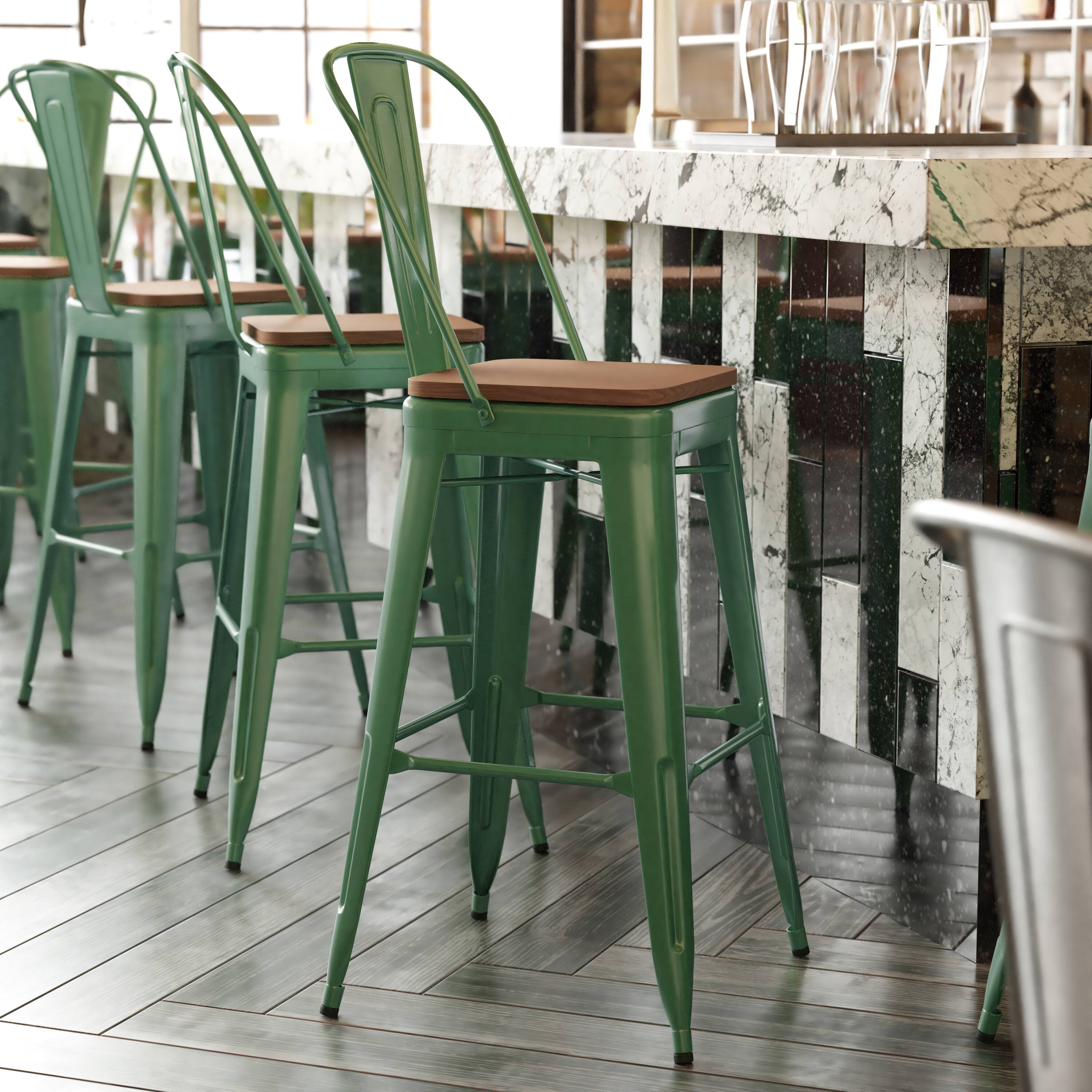 Alt View 1. Emma + Oliver - Kam Metal Indoor-Outdoor Stool with Removable Back and All-Weather Polystyrene Seat - Teak Seat/Green Frame.