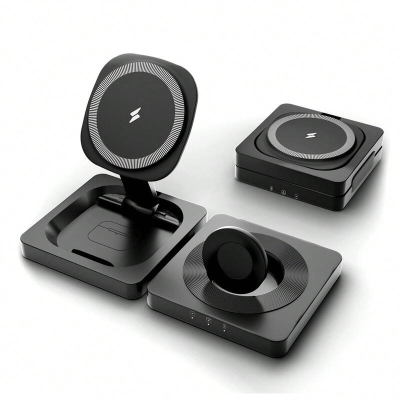 Back. SKRAN - Ultra-Thin 3 In 1 Charging Station Portable 15W - 3 In 1 Wireless Charger, MagSafe Charger for AirPods iWatch iPhone - Black.