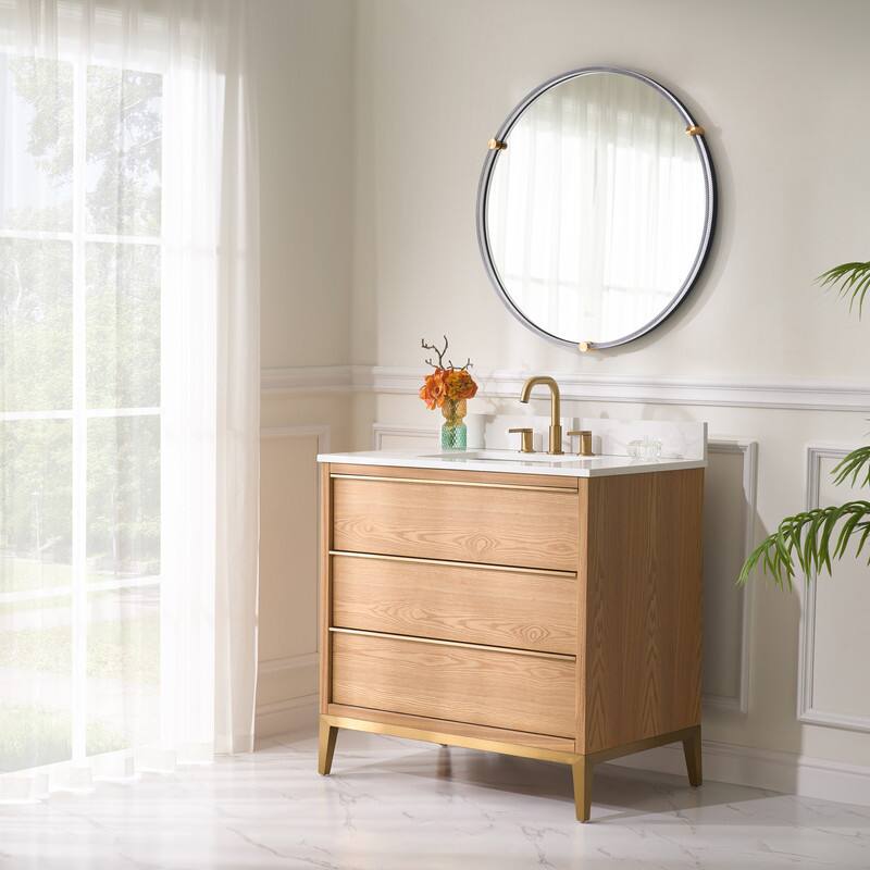 Angle. WELLFOR - 36" Freestanding Solid Wood Bathroom Vanity with Carrara White Quartz Vanity Top & 3 Soft-Close Drawers and Backsplash - Oak.