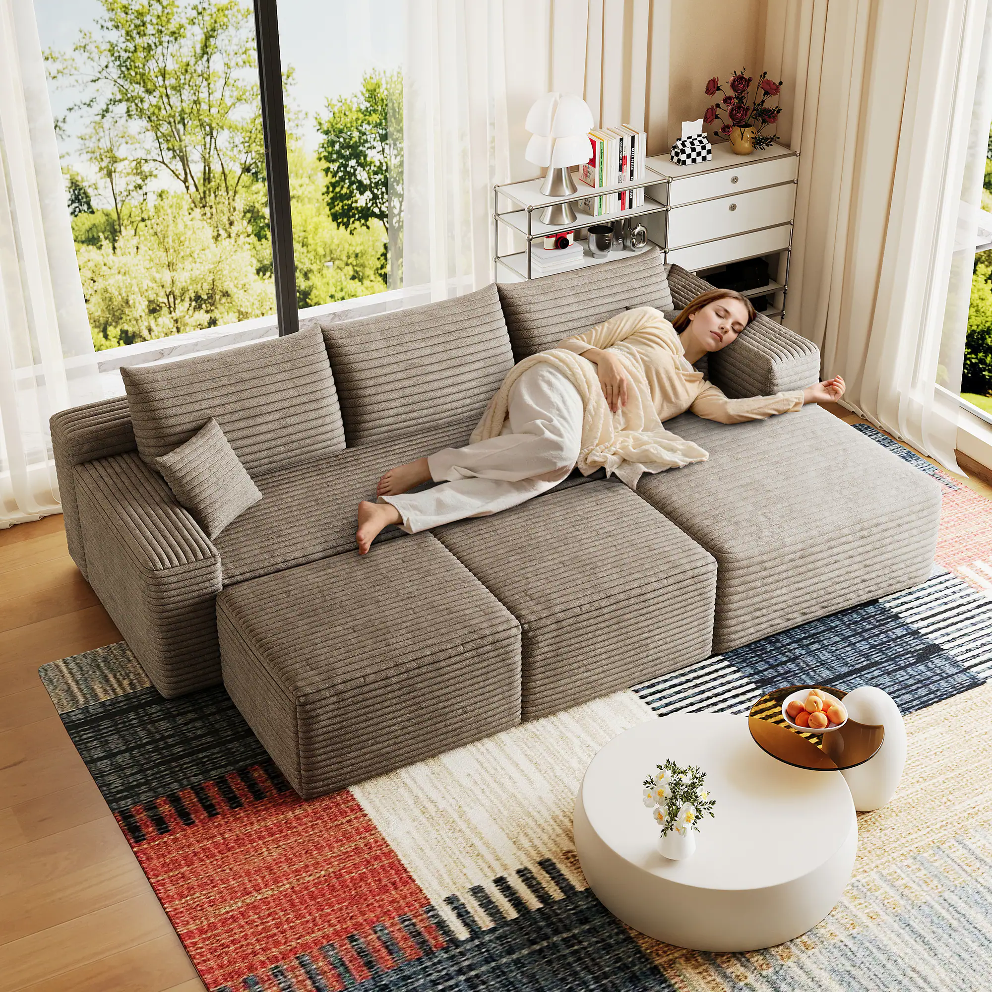 Left. Whisen - 95" U-Shaped Modular Sectional Sofa with 2 Ottomans, Plush Corduroy Fabric Deep Seat Corner Couch - Camel.