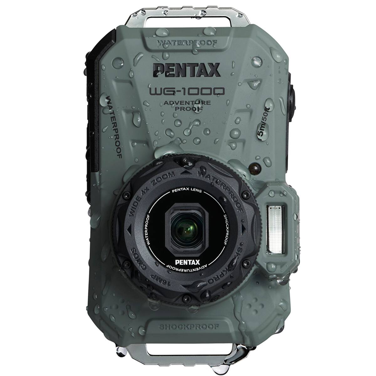 WATERPROOF PENTAX WG-1000 ADVENTURE PROOF WATERPROOF 5m/50 ZOOM PENTAX LENS WATERPROOF 4% MIDE WATERPROOF SHOCKPROOF SK CMOS ADVENTUREPROOF PENTAX OKPRO reMar