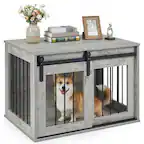 Front. Gymax - Gymax Dog Crate Furniture 31.5'' Heavy Duty Dog Kennel w/Sliding Barn Door Metal Frame Grey.