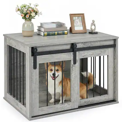 Front. Gymax - Gymax Dog Crate Furniture 31.5'' Heavy Duty Dog Kennel w/Sliding Barn Door Metal Frame Grey - Gray.