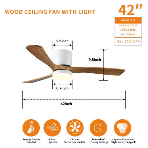 WOOD CEILING FAN WITH LIGHT  
42"  
ROOM SIZE: AVERAGE ROOM 15ft. x 16ft. or smaller  
Max. 5500 CFM  
5.9inch  
9.8inch  
6.7inch  
42inch  
Remote Control Included  
6 Wind  
3 Blades  
Forward/reversible  
3 Light Color Changeable  
Dimmable 3 stepless dimmable & Speeds  
Timing Settings