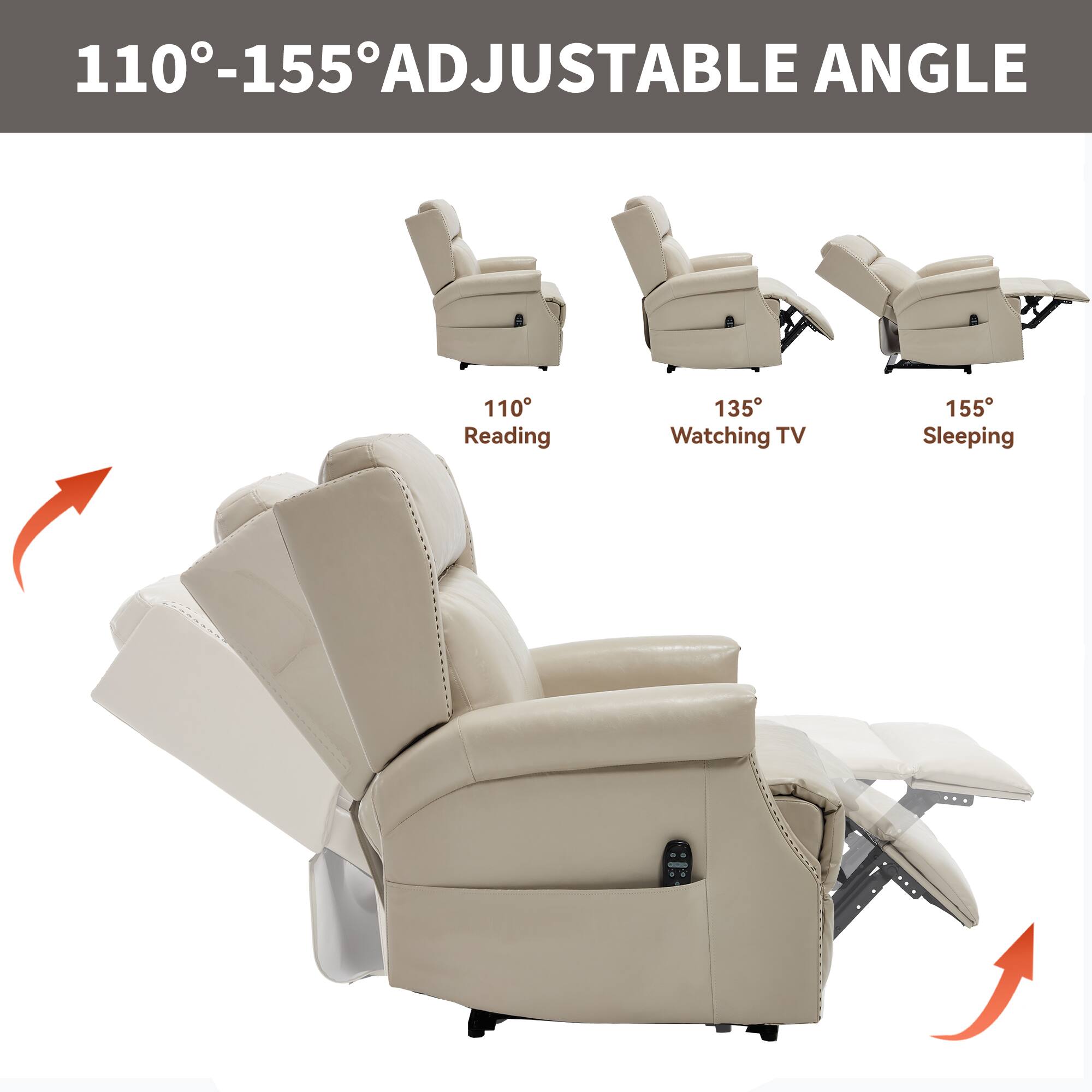 110°-155° ADJUSTABLE ANGLE

110° Reading  
135° Watching TV  
155° Sleeping
