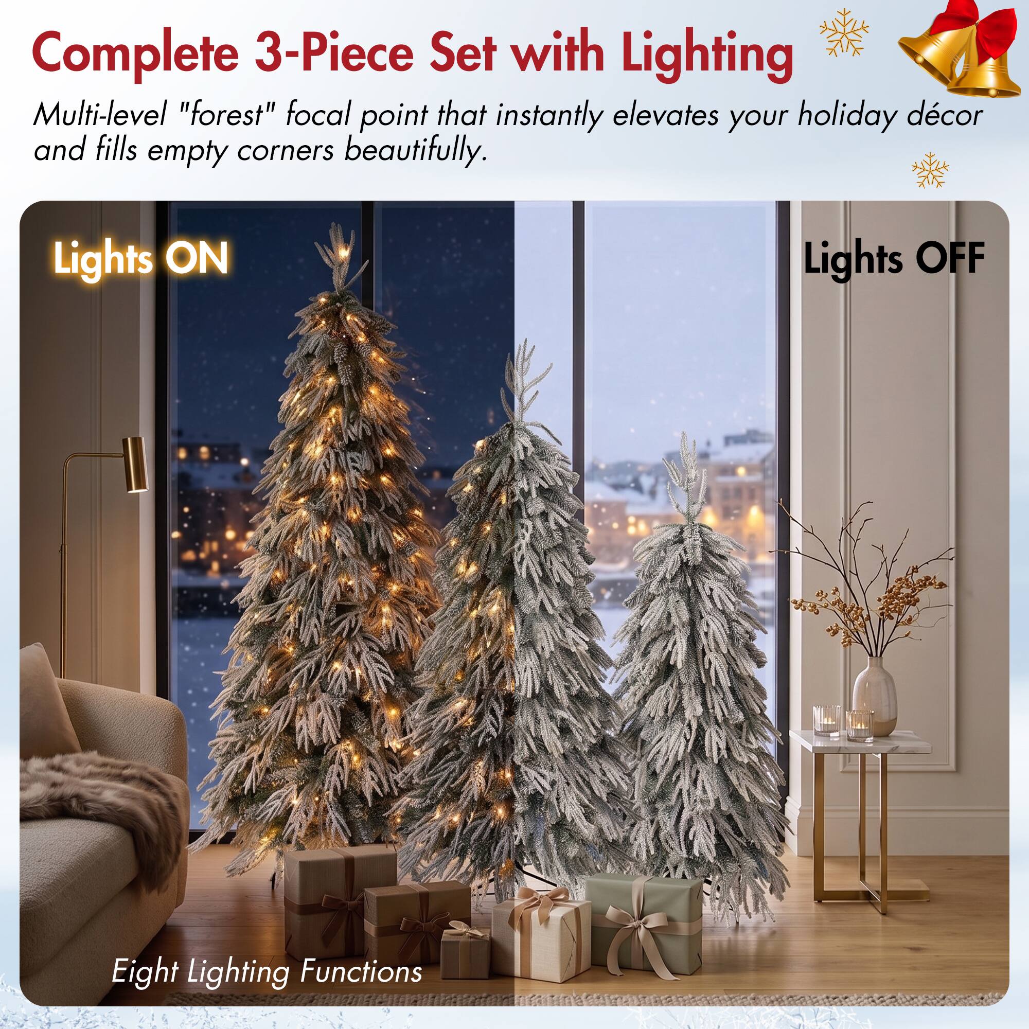 Complete 3-Piece Set with Lighting  
Multi-level "forest" focal point that instantly elevates your holiday décor and fills empty corners beautifully.  

Lights ON  
Lights OFF  
Eight Lighting Functions
