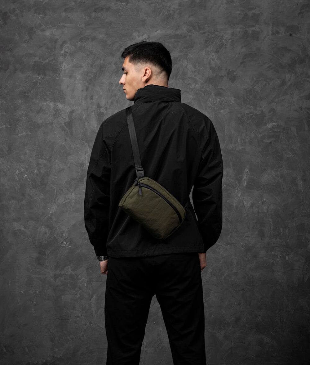 Left. ALPAKA - ALPAKA Flight Sling 2L Lightweight Packable Travel Sling Bag with Tablet Sleeve and Detachable Strap - Green/Grey Axoflux 400D.