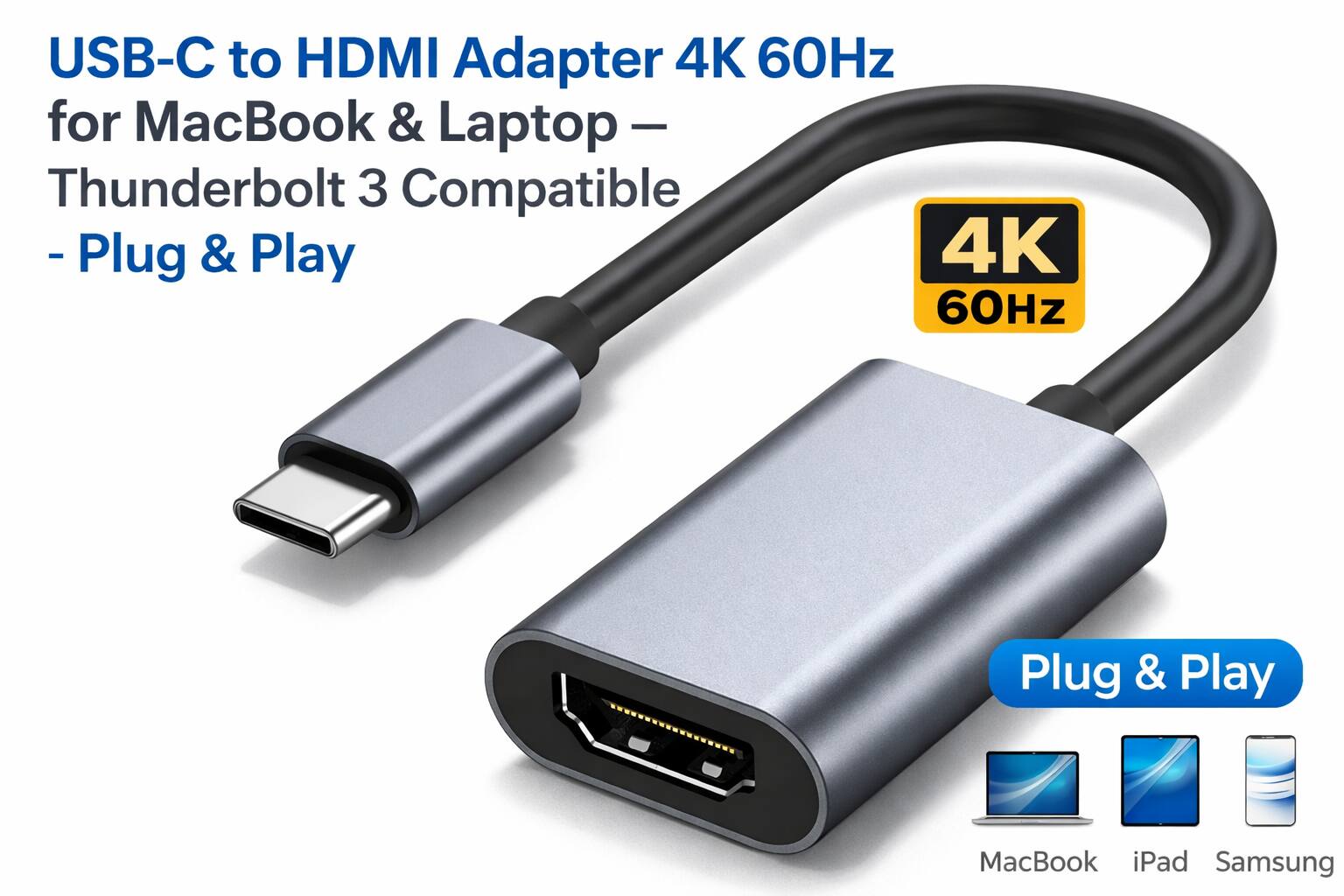 USB-C to HDMI Adapter 4K 60Hz for MacBook & Laptop - Thunderbolt 3 Compatible - Plug & Play

4K 60Hz

Plug & Play

MacBook iPad Samsung