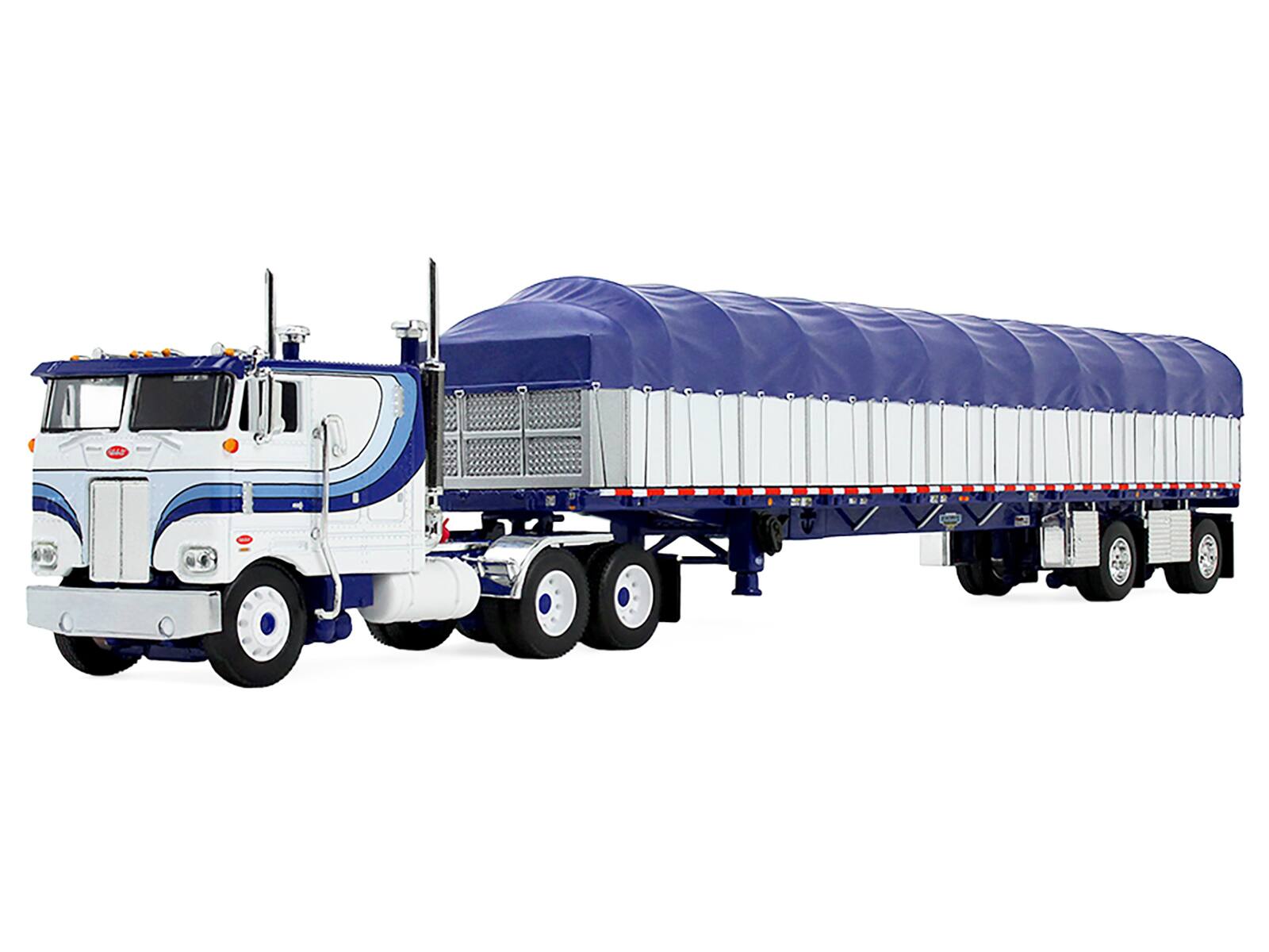 Alt View 4. First Gear - Peterbilt 352 COE 110" Sleeper and 53’ Wilson Flatbed with Wagon White with Blue Stripes 1/64 Model by DCP/First Gear.