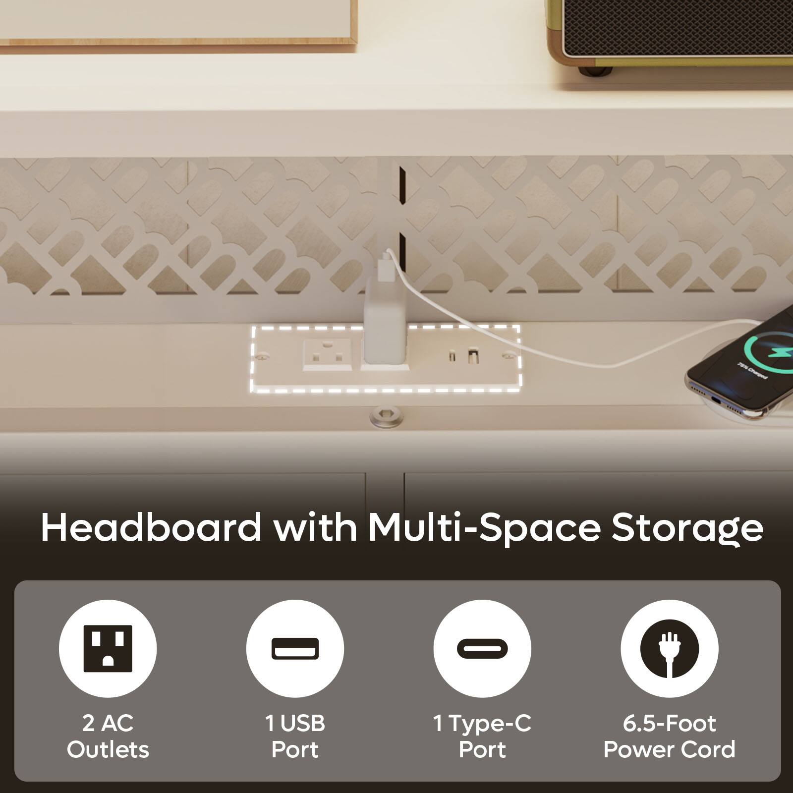 Headboard with Multi-Space Storage: 3
2 AC Outlets: 2
1 USB Port: 1
1 Type-C Port: 1
6.5-Foot Power Cord: 1
