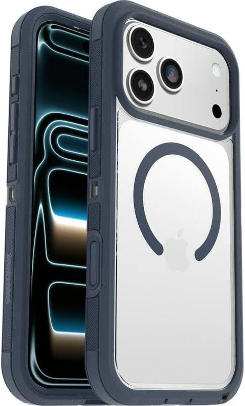 Left. OtterBox - OtterBox iPhone 17 Pro Max , Bundle: Defender Series XT Case & Screen Protector - Snaps on MagSafe - Rugged & Durable - Baby Blue Jeans (Clear/Blue).