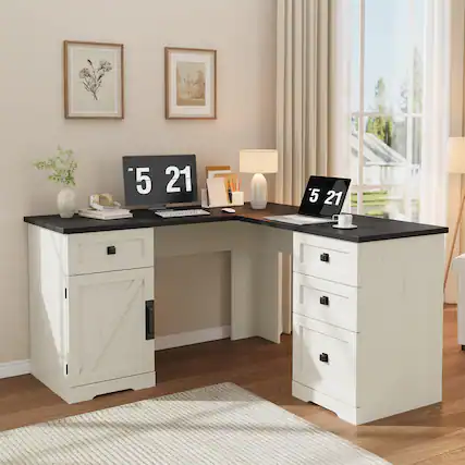 Front. Jojoka - 60" Executive L Shaped Desk, Corner Home Office Desk with File Drawers and Storage Cabinet - Black.