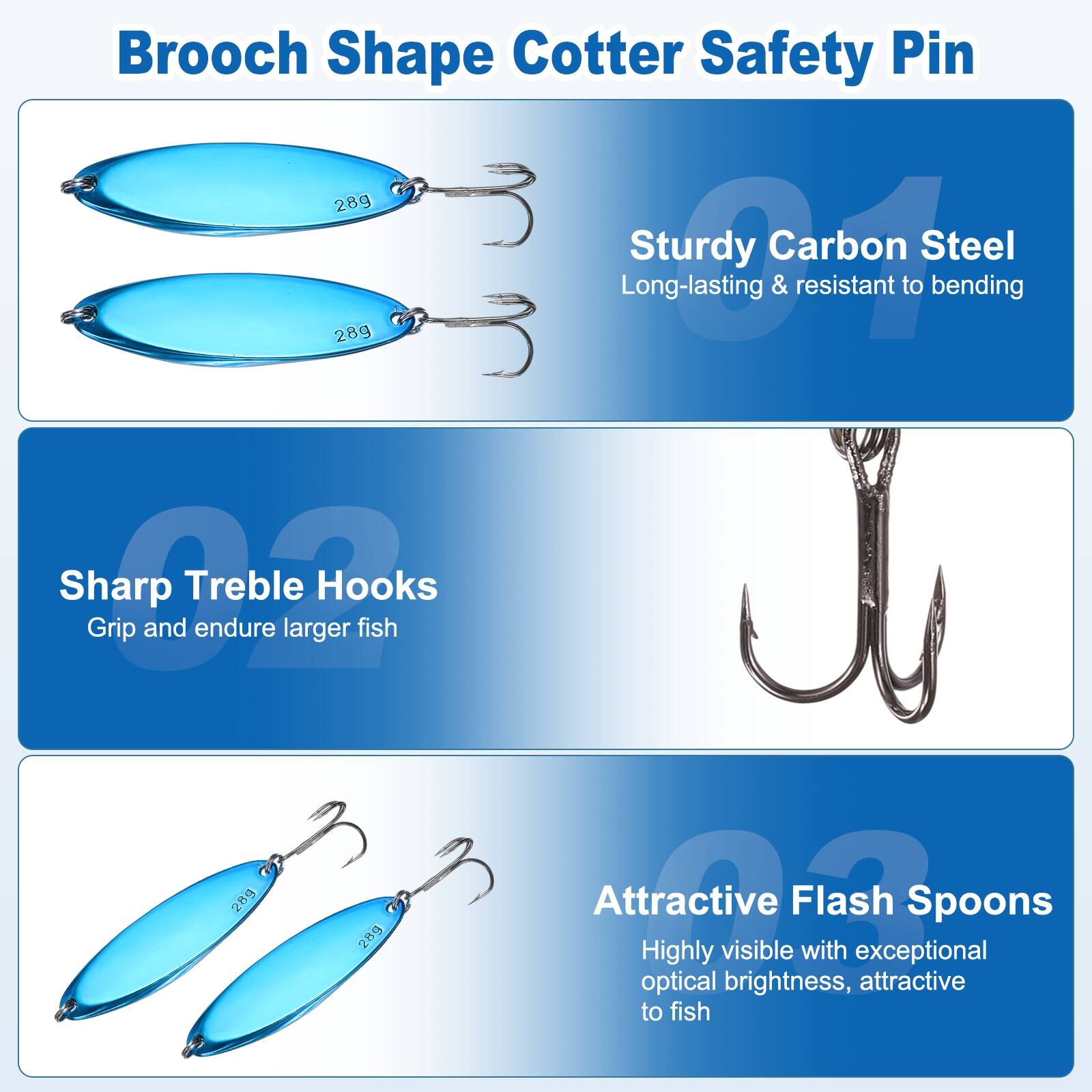 Brooch Shape Cotter Safety Pin

- Sturdy Carbon Steel
  - Long-lasting & resistant to bending

- Sharp Treble Hooks
  - Grip and endure larger fish

- Attractive Flash Spoons
  - Highly visible with exceptional optical brightness, attractive to fish