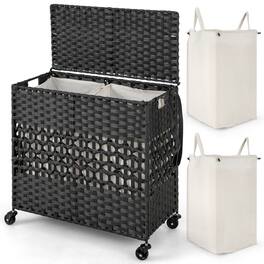 Costway - 110L Laundry Hamper with Wheels Clothes Basket Lid & Handle & 2 Liner Bags - Black