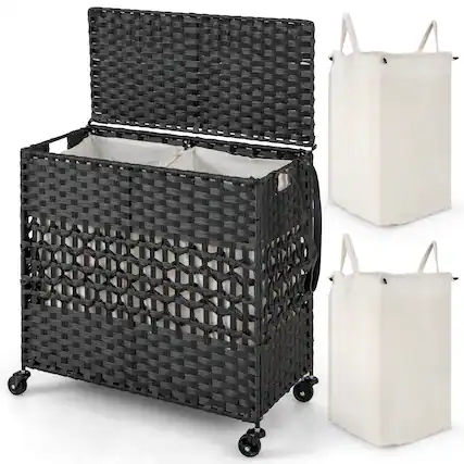 Front. Costway - 110L Laundry Hamper with Wheels Clothes Basket Lid & Handle & 2 Liner Bags Black - Black.