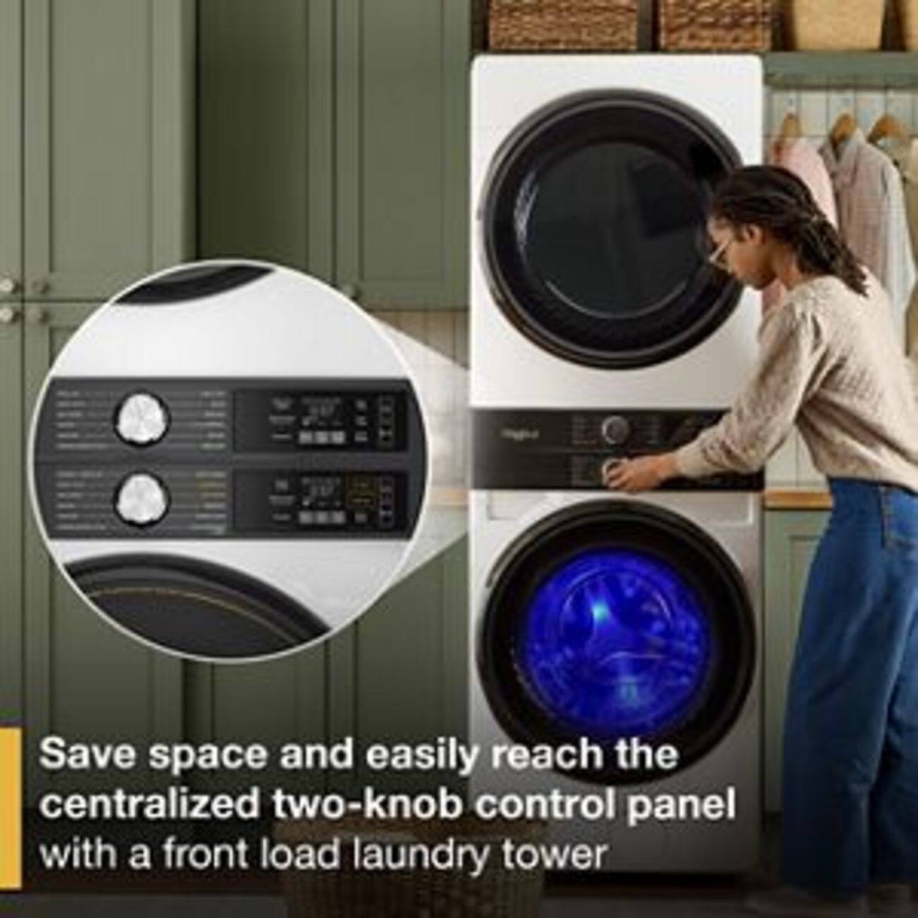 Save space and easily reach the centralized two-knob control panel with a front load laundry tower
