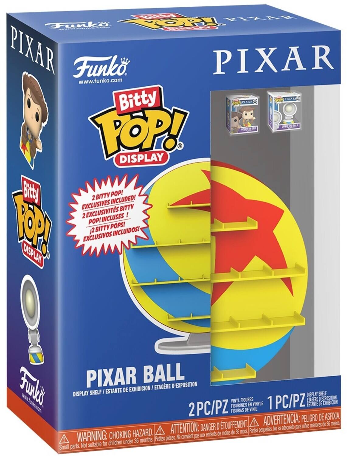 The text on the image can be grouped and corrected as follows:

**Product Information:**
- PIXAR Funko
- www.funko.com
- Bitty POP! Display
- 2 Bitty Pops! Included!
- 2 Exclusives Included!
- 2 Bitty Pops! Inclusos!
- 2 Bitty Pops! Exclusivos Incluidos!
- Pixar Ball
- Display Shelf / Estante de Exposición / Étagère d'Exposition
- Vinyl Figures / Figurines en Vinyle / Figuras de Vinil
- 2 PC/PZ / 1 PC/PZ

**Warning:**
- Warning: Choking Hazard. Small parts. Not suitable for children under 36 months.
- Attention: Danger d'étouffement. Petites pièces. Ne convient pas aux enfants de moins de 36 mois.
- Advertencia: Peligro de asfixia. Partes pequeñas. No es adecuado para niños menores de 36 meses.

**Additional Details:**
- Display Shelf / Estante de Exposición / Étagère d'Exposition
- 2 PC/PZ / 1 PC/PZ
- Figurines en Vinyle / Figuras de Vinil
- Asfixia.