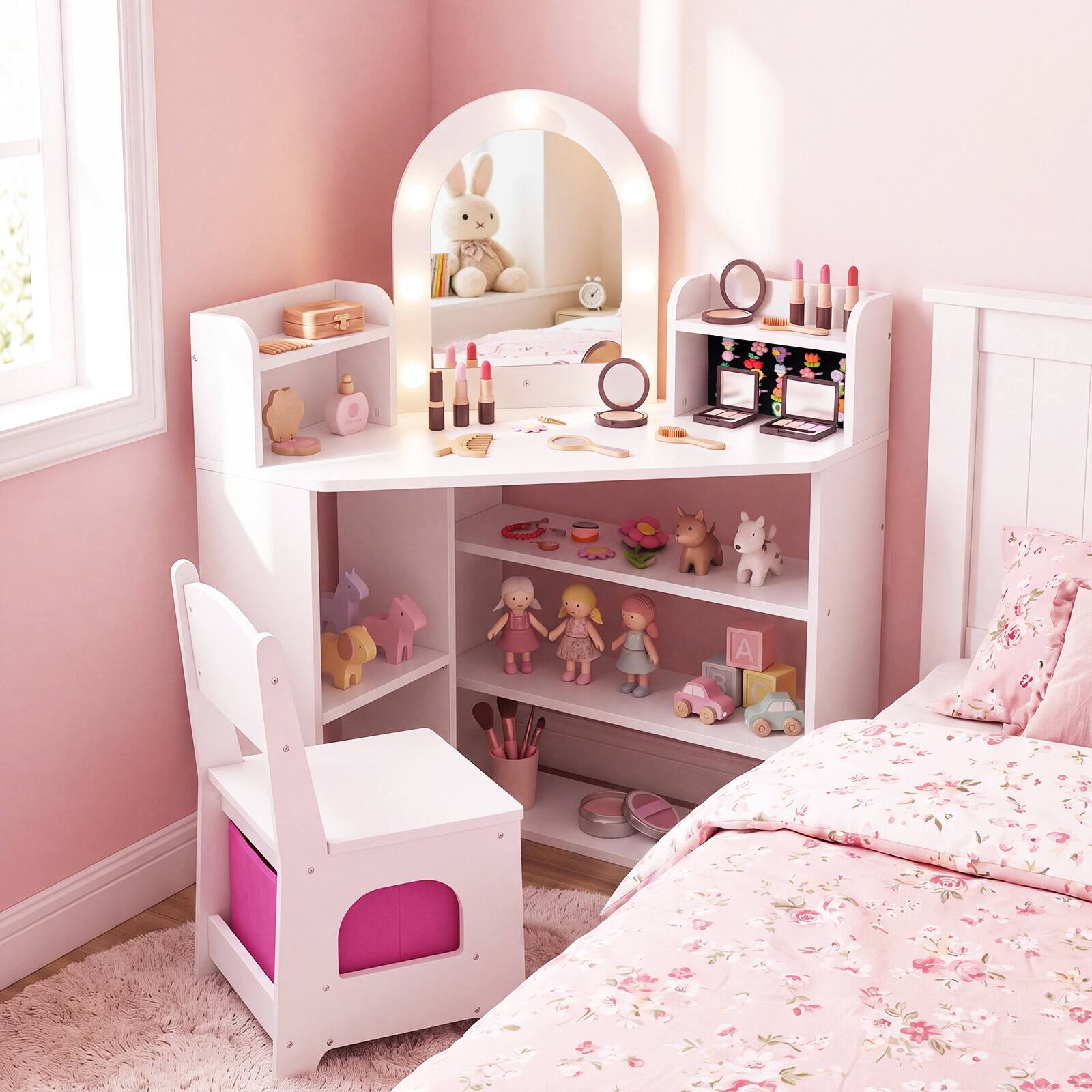 Alt View 5. Costway - Costway Corner Kids Vanity with Lights, 3 Storage Shelves, 5 Open Compartments, Accessories - White.