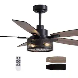 Siljoy - 52-in Indoor Matte Layered Caged Ceiling Fan with Light Kit Reversible Blades and Remote Included - Black