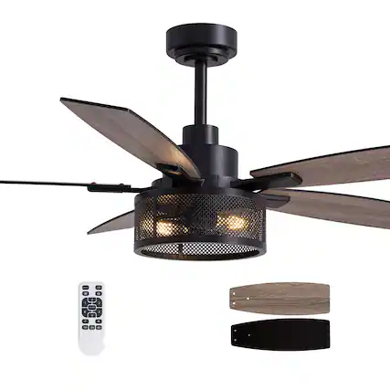 Front. Siljoy - 52-in Indoor Matte Black Layered Caged Ceiling Fan with Light Kit Reversible Blades and Remote Included - Black.