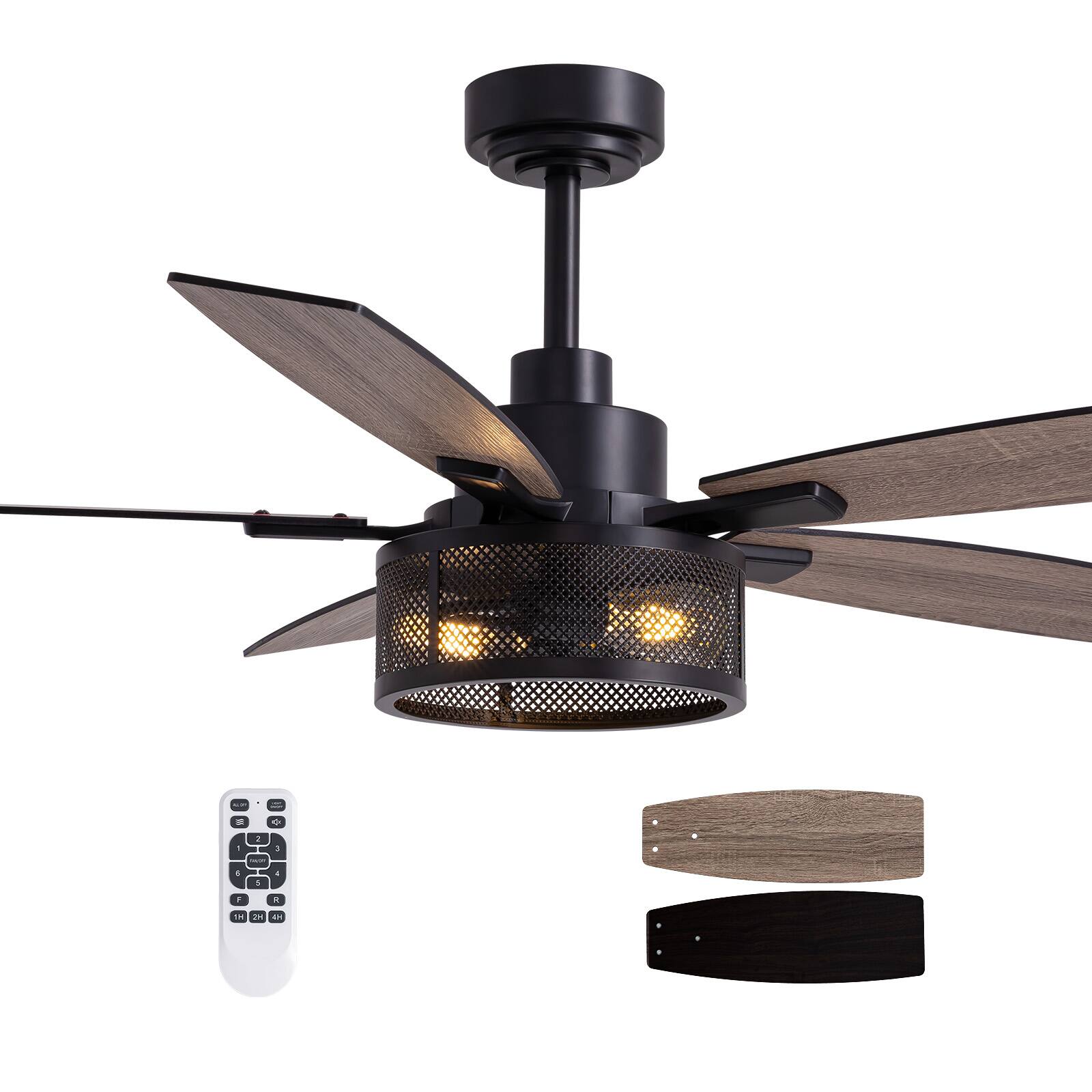 Front. Siljoy - 52-in Indoor Matte Black Layered Caged Ceiling Fan with Light Kit Reversible Blades and Remote Included - Black.