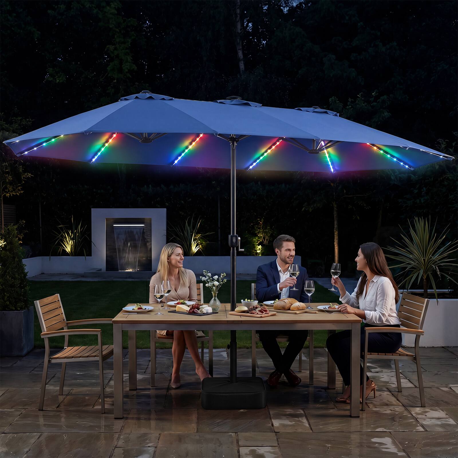 Alt View 3. Costway - Costway 15.5 FT Extra-Large Patio Umbrella with Base Included, 12 Ribs, 12 Light Modes - Navy.