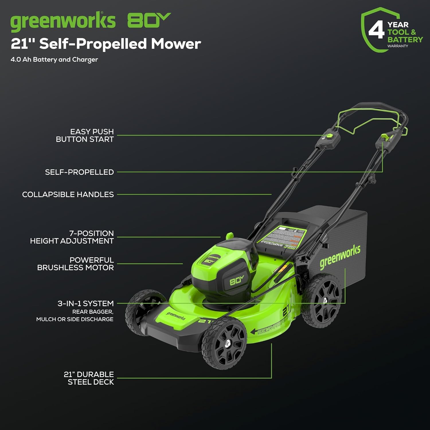 greenworks 80V 21" Self-Propelled Mower  
4.0 Ah Battery and Charger  
4 YEAR TOOL & BATTERY WARRANTY  
EASY PUSH BUTTON START  
SELF-PROPELLED  
COLLAPSIBLE HANDLES  
7-POSITION HEIGHT ADJUSTMENT  
POWERFUL BRUSHLESS MOTOR  
3-IN-1 SYSTEM: REAR BAGGER, MULCH OR SIDE DISCHARGE  
21" DURABLE STEEL DECK