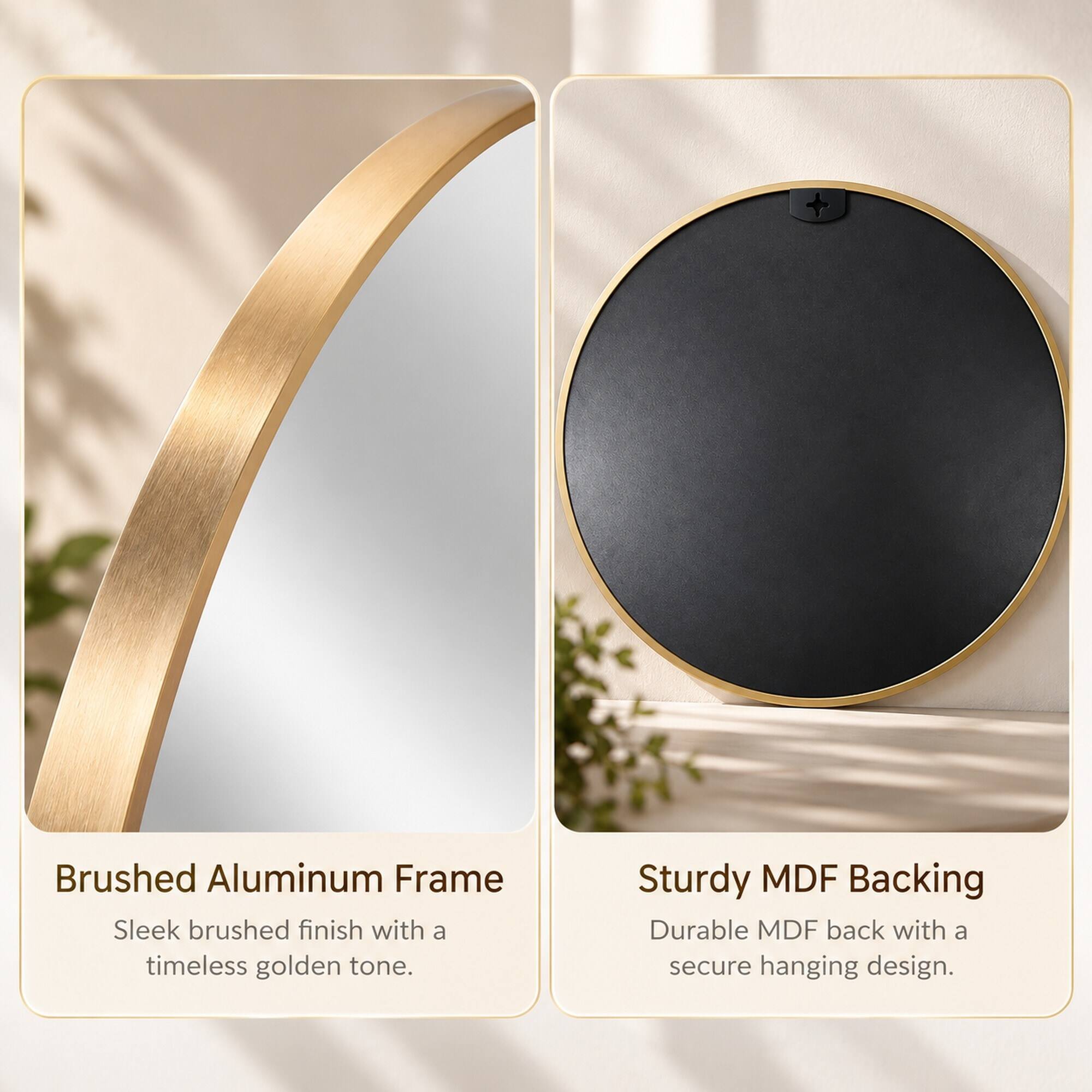 Brushed Aluminum Frame: Sleek brushed finish with a timeless golden tone.  
Sturdy MDF Backing: Durable MDF back with a secure hanging design.