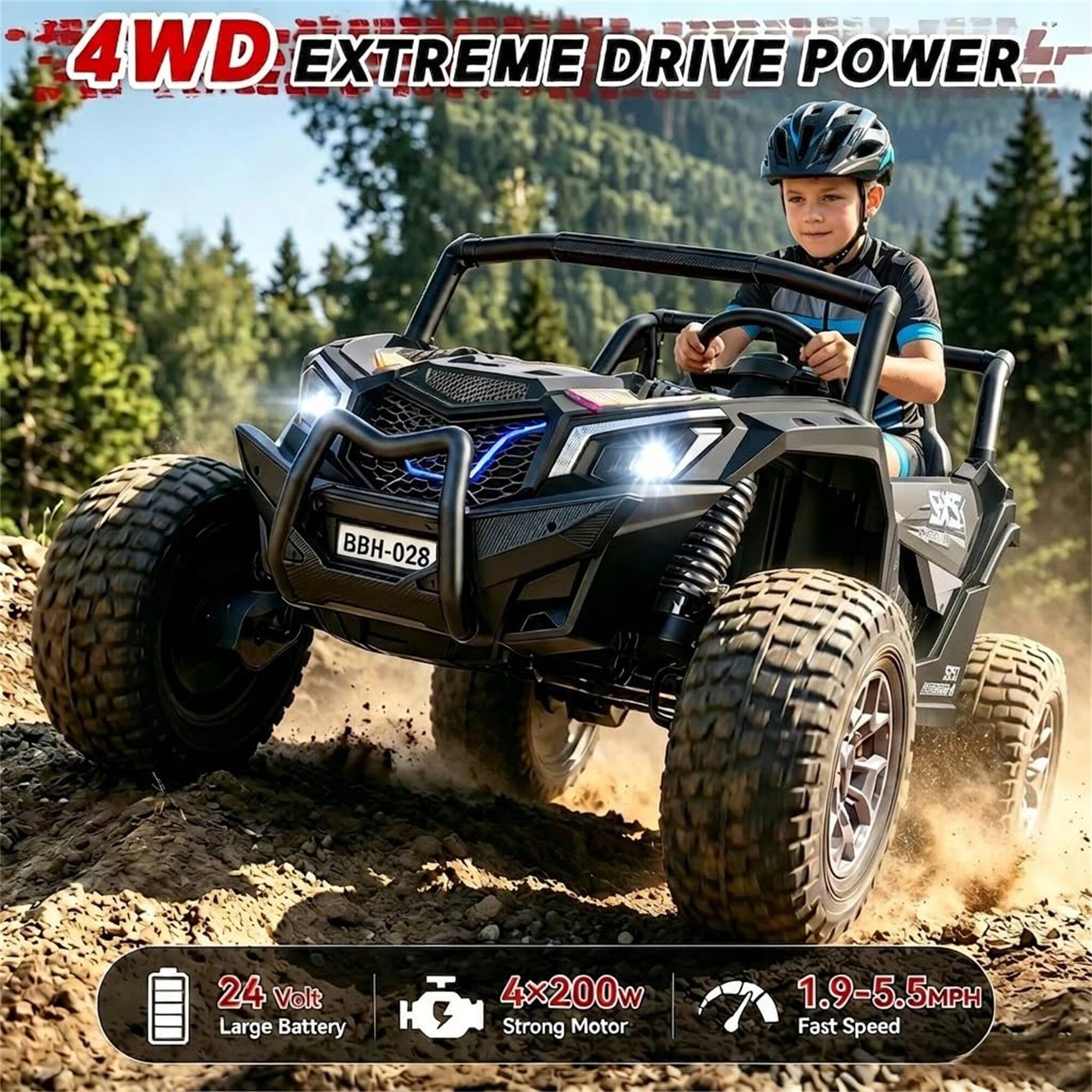 4WD EXTREME DRIVE POWER

BBH-028

DIST
5552

24 Volt Large Battery
4x200w Strong Motor
1.9-5.5MPH Fast Speed