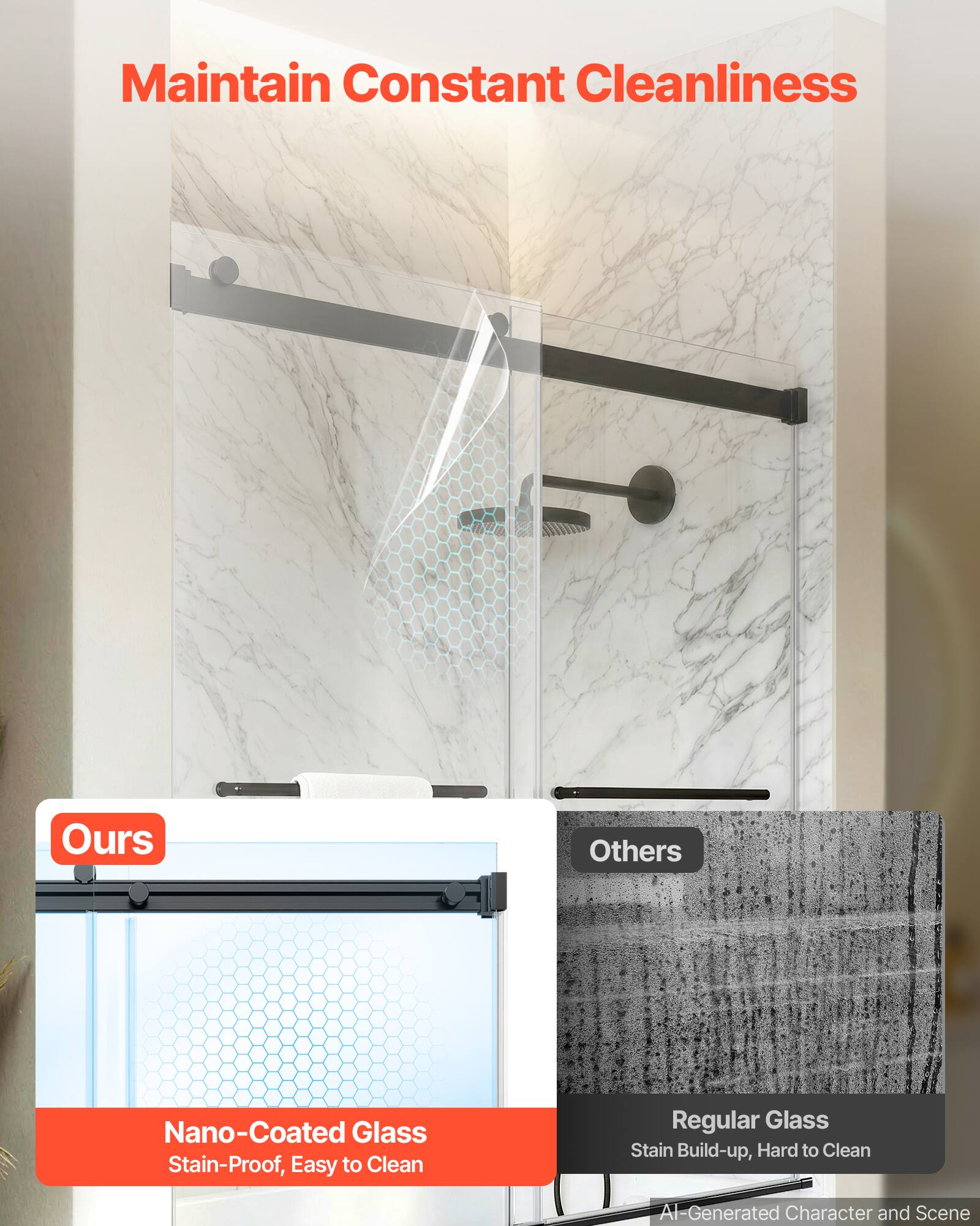 Maintain Constant Cleanliness

Ours
Nano-Coated Glass
Stain-Proof, Easy to Clean

Others
Regular Glass
Stain Build-up, Hard to Clean

AI-Generated Character and Scene