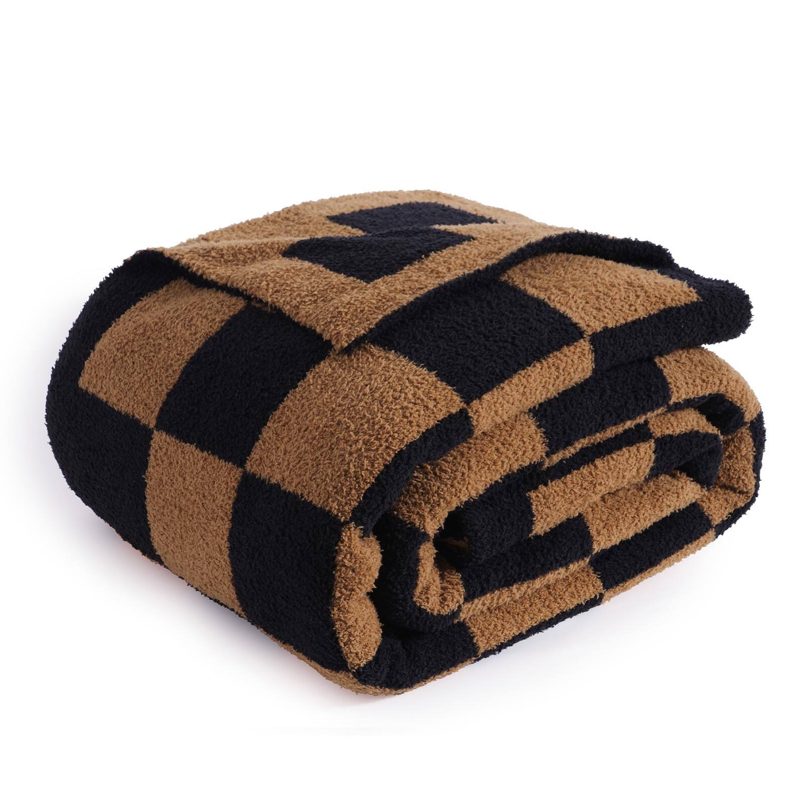 Alt View 8. Paradigms Interiors - Checkered Throw Blanket For Couch Soft Knit Fluffy Checkerboard Fleece Cozy Lightweight Bed Sofa 50 X 60 - Black Brown-Twin(60x80).