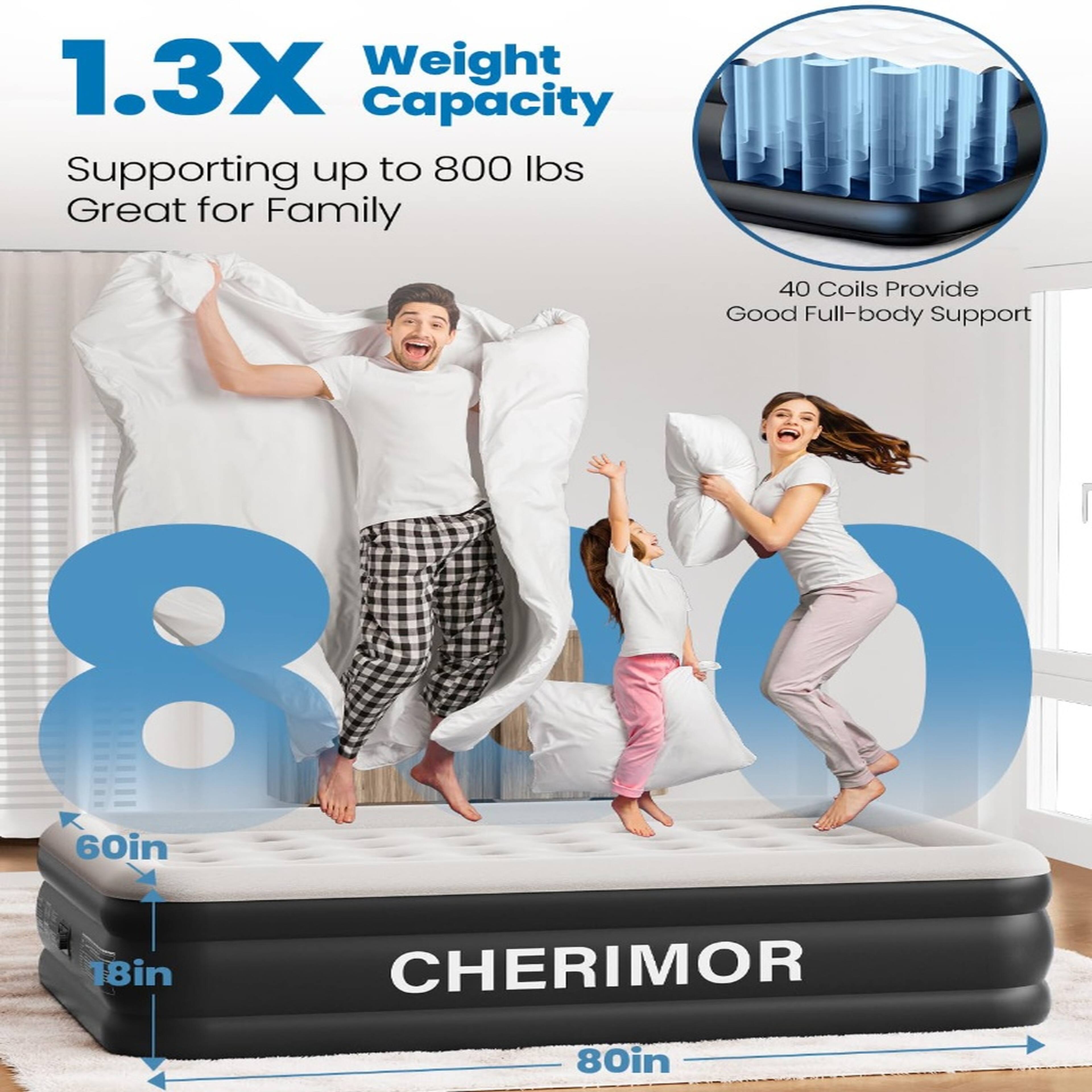 1.3X Weight Capacity Supporting up to 800 lbs Great for Family

40 Coils Provide Good Full-body Support

8 60in 18in CHERIMOR 80in