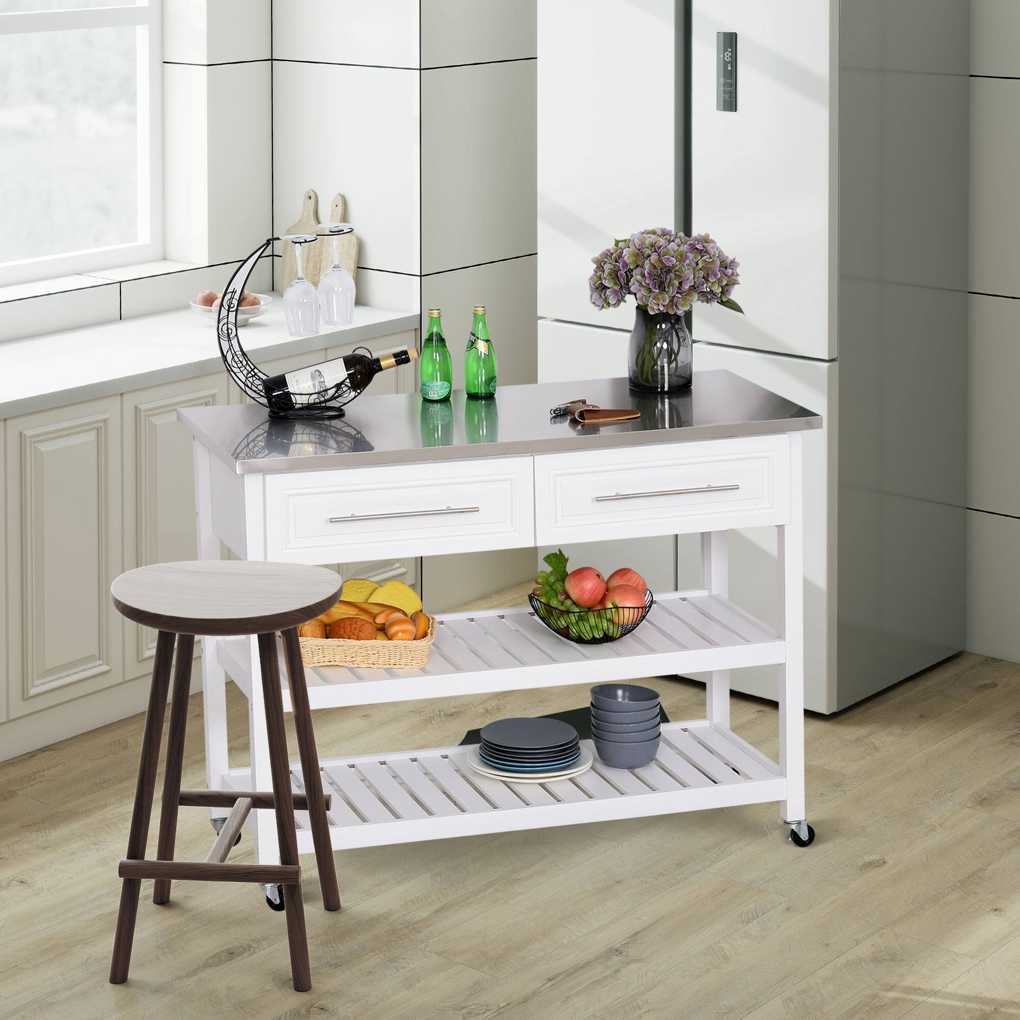 Alt View 8. Homcom - Kitchen Island with Stainless Steel Top, Traditional Kitchen Island with Storage, 2-Tier Open Shelves, Drawers - White.