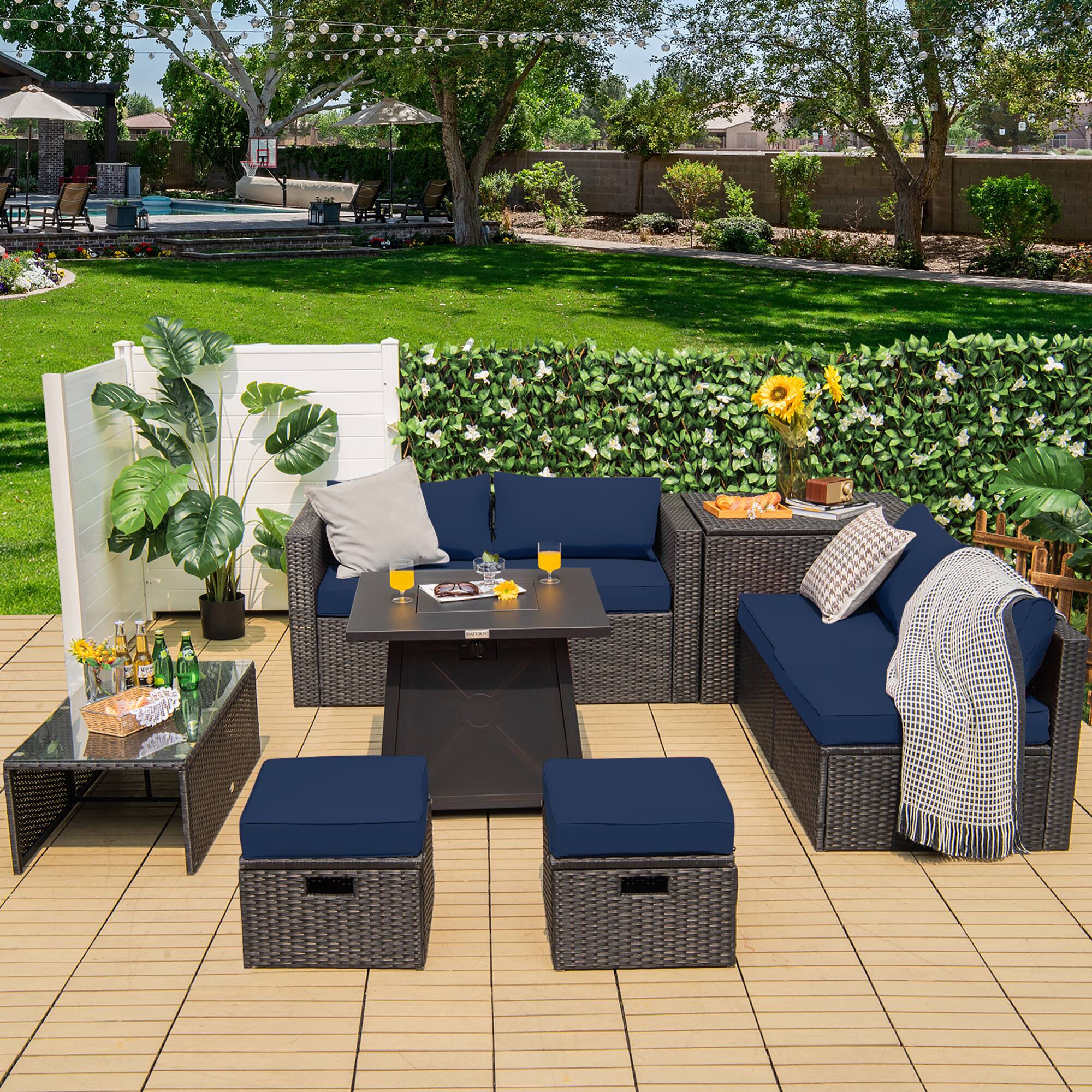 Alt View 2. Costway - Costway 9PCS Patio Rattan Furniture Set Fire Pit Space-saving W/Cover Navy Cushion cover - Navy.