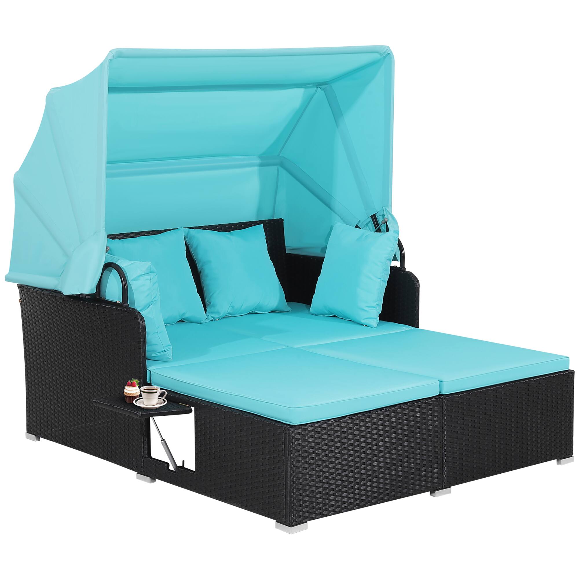 Alt View 8. Gymax - Gymax Patio Hand-Woven PE Wicker Daybed Outdoor Loveseat Sofa Set w/ Turquoise Cushions - Turquoise.