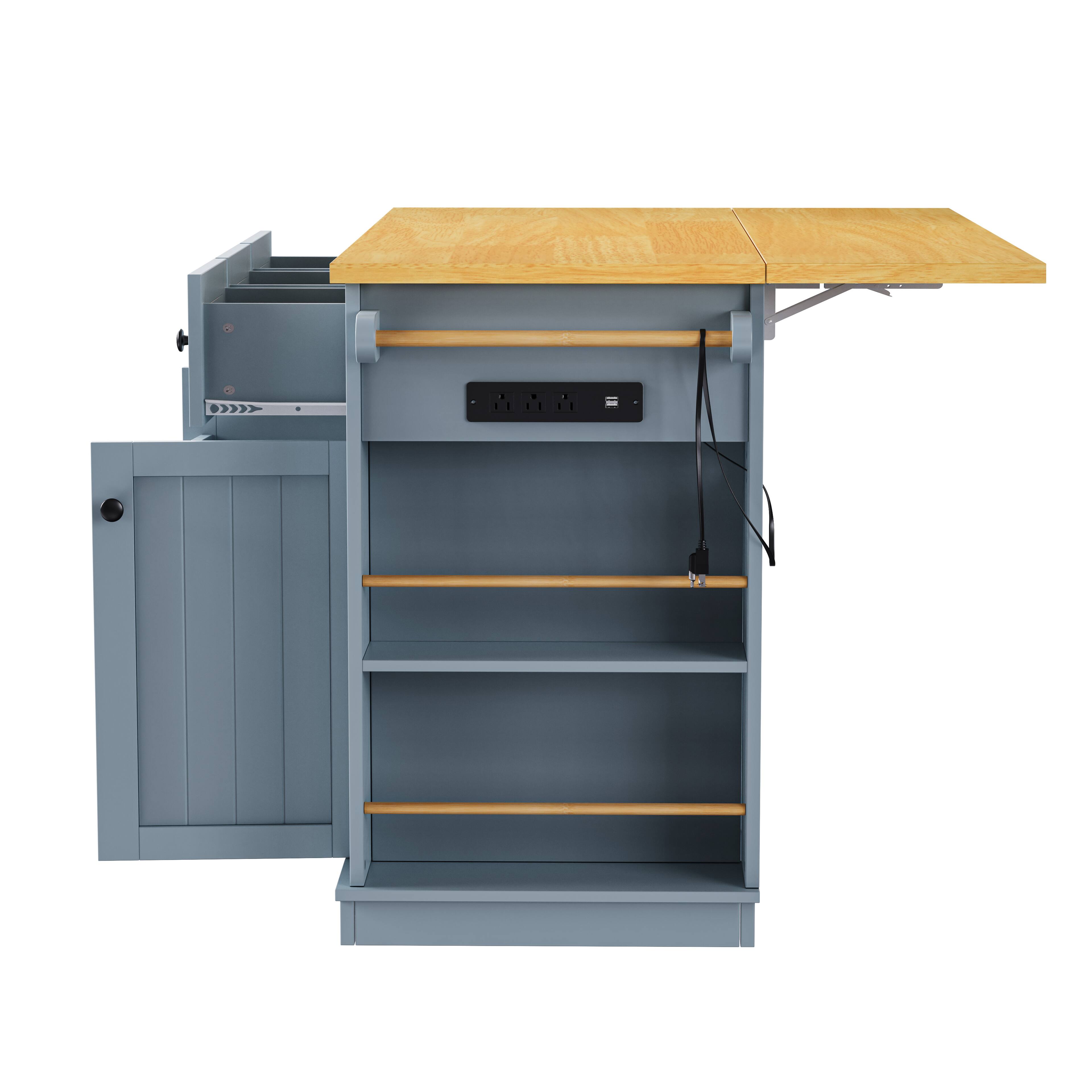 Alt View 1. Forest'nSky - 53" Large Rolling Kitchen Island with Drop Leaf, Power Outlet, Internal Storage Rack, and 5 Open Side Racks, Grey Blue - Grey Blue.