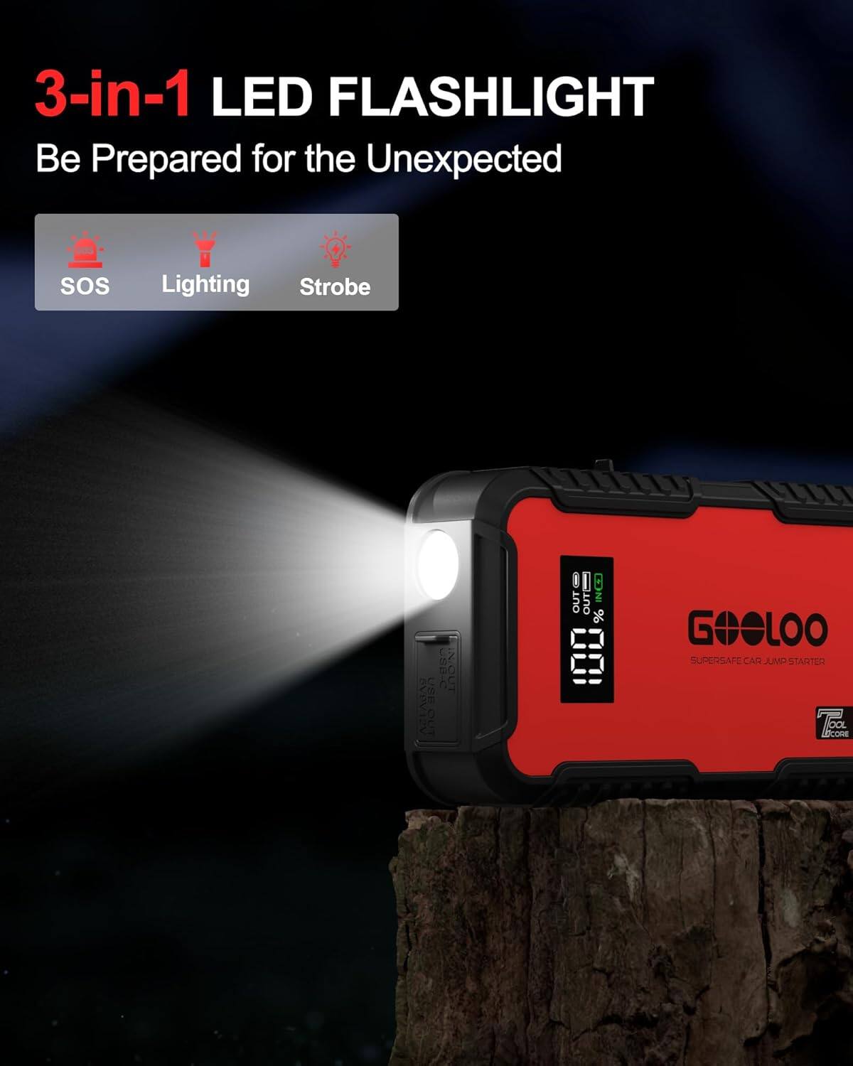 3-in-1 LED FLASHLIGHT  
Be Prepared for the Unexpected  
SOS Lighting Strobe  

GOLLO  
SUPERSAFE CAR JUMP STARTER