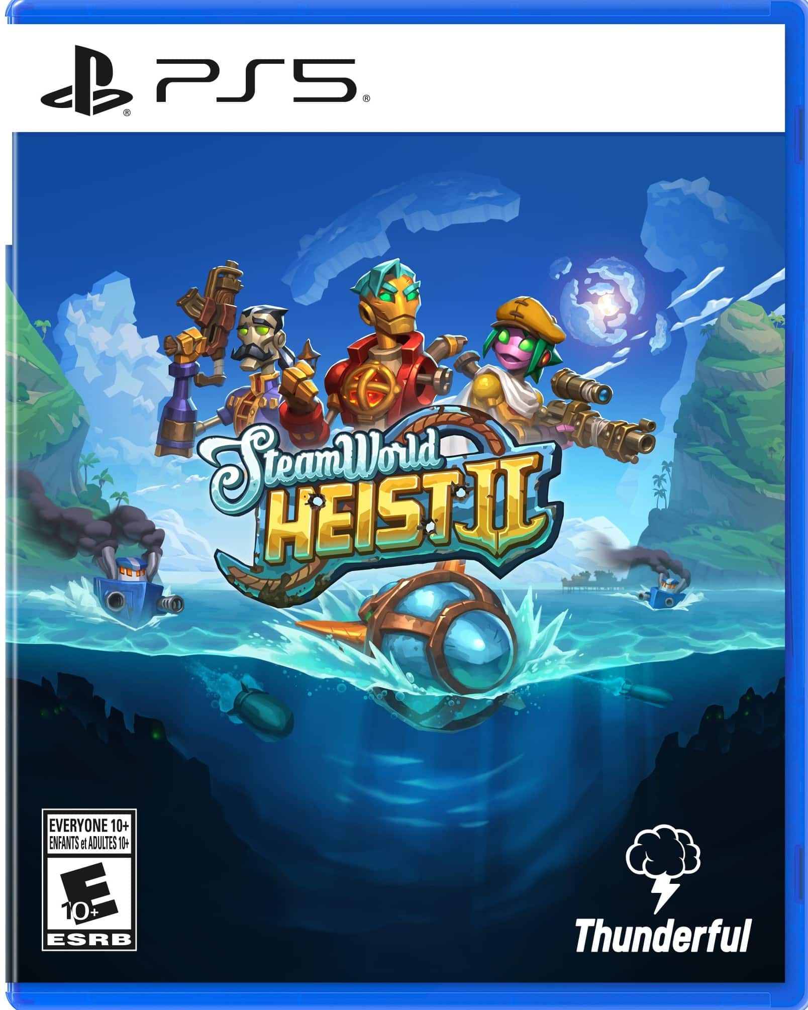 The text on the image reads: "SteamWorld Heist II PS5. Everyone 10+ ENFANTS et ADULTES 10+ D 10+ ESRB Thunderful."