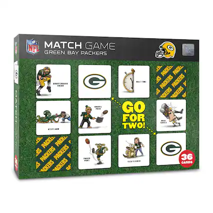 MATCH GAME
NFL
GREEN BAY PACKERS
QUARTERBACK SNEAK
HALF TIME
STIFF ARM
PASS
POGCH PUNT
FLEA FLICKER
GO FOR TWO!
NOSE TACKLE
36 CARDS