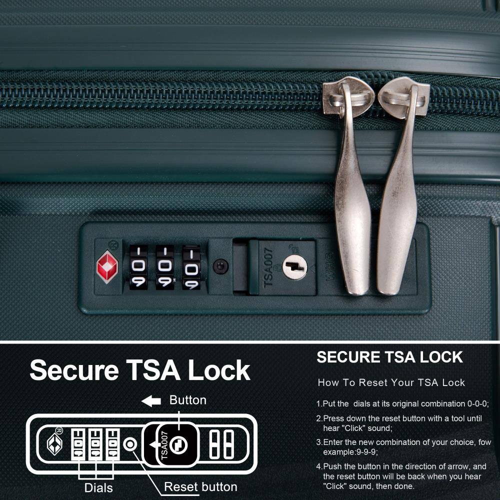 Secure TSA Lock

Button
Dials
Reset button

SECURE TSA LOCK

How To Reset Your TSA Lock

1. Put the dials at its original combination 0-0-0;
2. Press down the reset button with a tool until you hear "Click" sound;
3. Enter the new combination of your choice, for example: 9-9-9;
4. Push the button in the direction of the arrow, and the reset button will be back when you hear "Click" sound, then done.