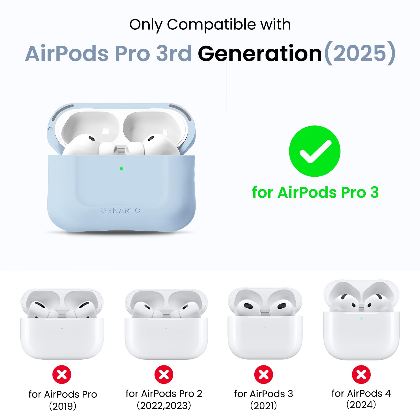 Only Compatible with AirPods Pro 3rd Generation (2025)  
ORNARTO for AirPods Pro 3  
for AirPods Pro (2019)  
for AirPods Pro 2 (2022, 2023)  
for AirPods 3 (2021)  
for AirPods 4 (2024)