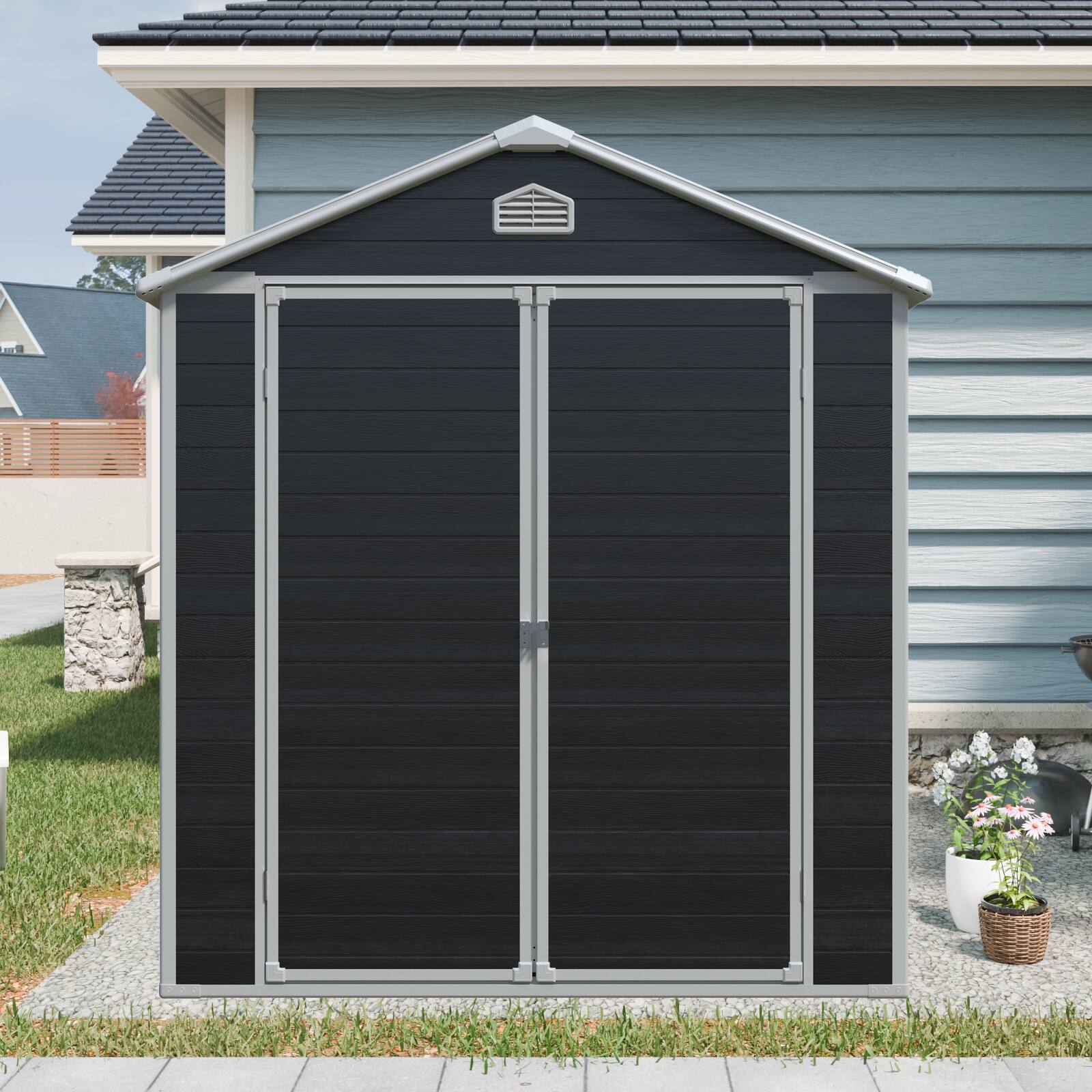 Angle. Mondawe - 6x8 FT Resin Outdoor Storage Shed - Black.