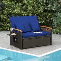 Costway Patio Rattan Daybed Set with Cushioned Loveseat & Storage Ottoman for Porch - Navy - Front_Zoom