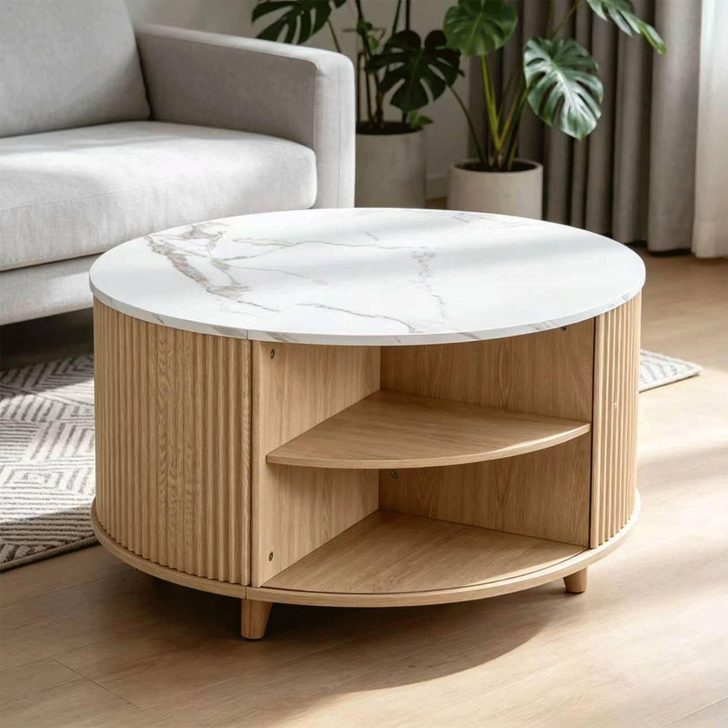 Front. Z-Edge - 32" Round Coffee Table with Storage, Modern Wood Coffee Table with Sliding Door, Circular Center Table for Living Room - Light Oak.