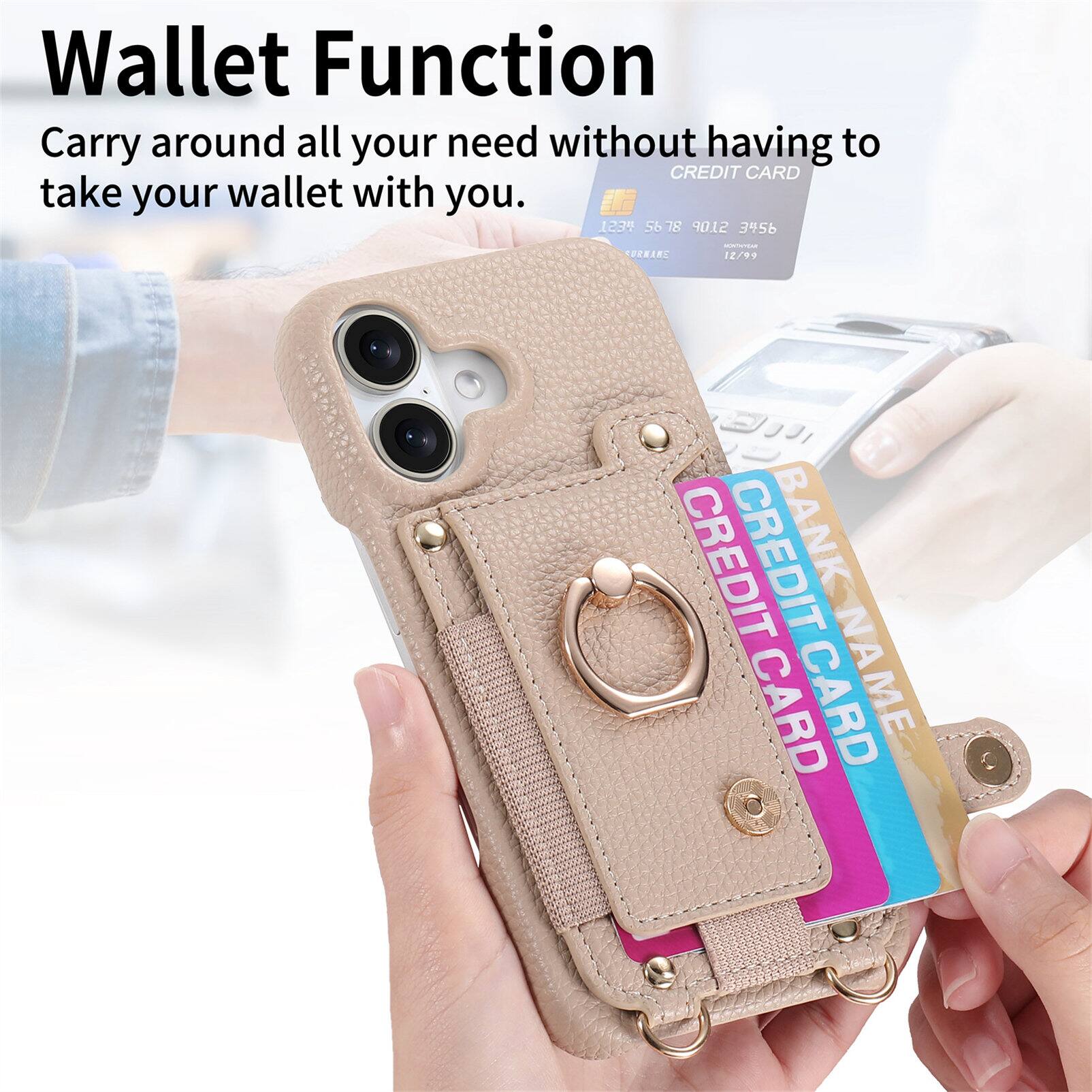 Wallet Function  
Carry around all your needs without having to take your wallet with you.  

CREDIT CARD  
1234 5678 9012 3456  
12/99  

CREDIT CARD  
CREDIT CARD  
NAME