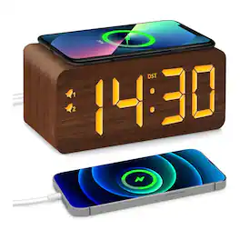 Dazzed Corner - Wood Digital Alarm Clock with Fast Wireless Charger, USB Charging Ports - Brown