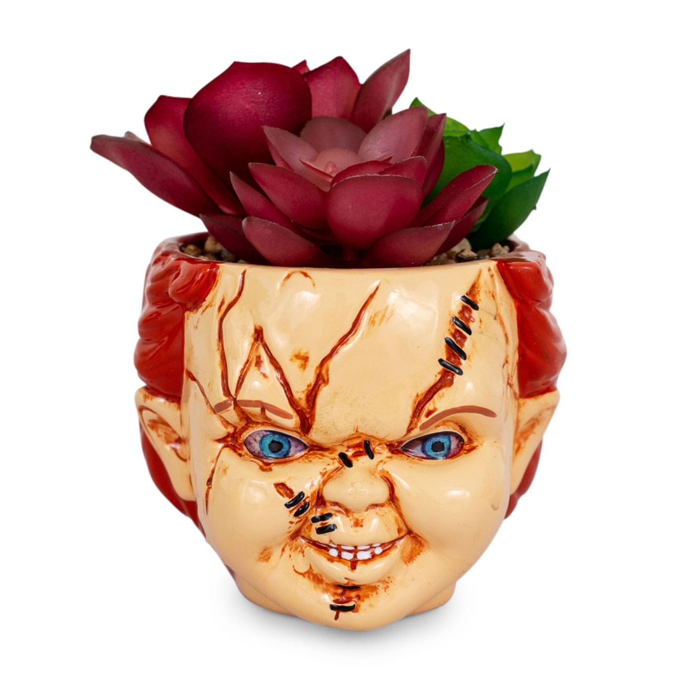 Front. Silver Buffalo - Child's Play Chucky 3-Inch Ceramic Mini Planter with Artificial Succulent - Red.