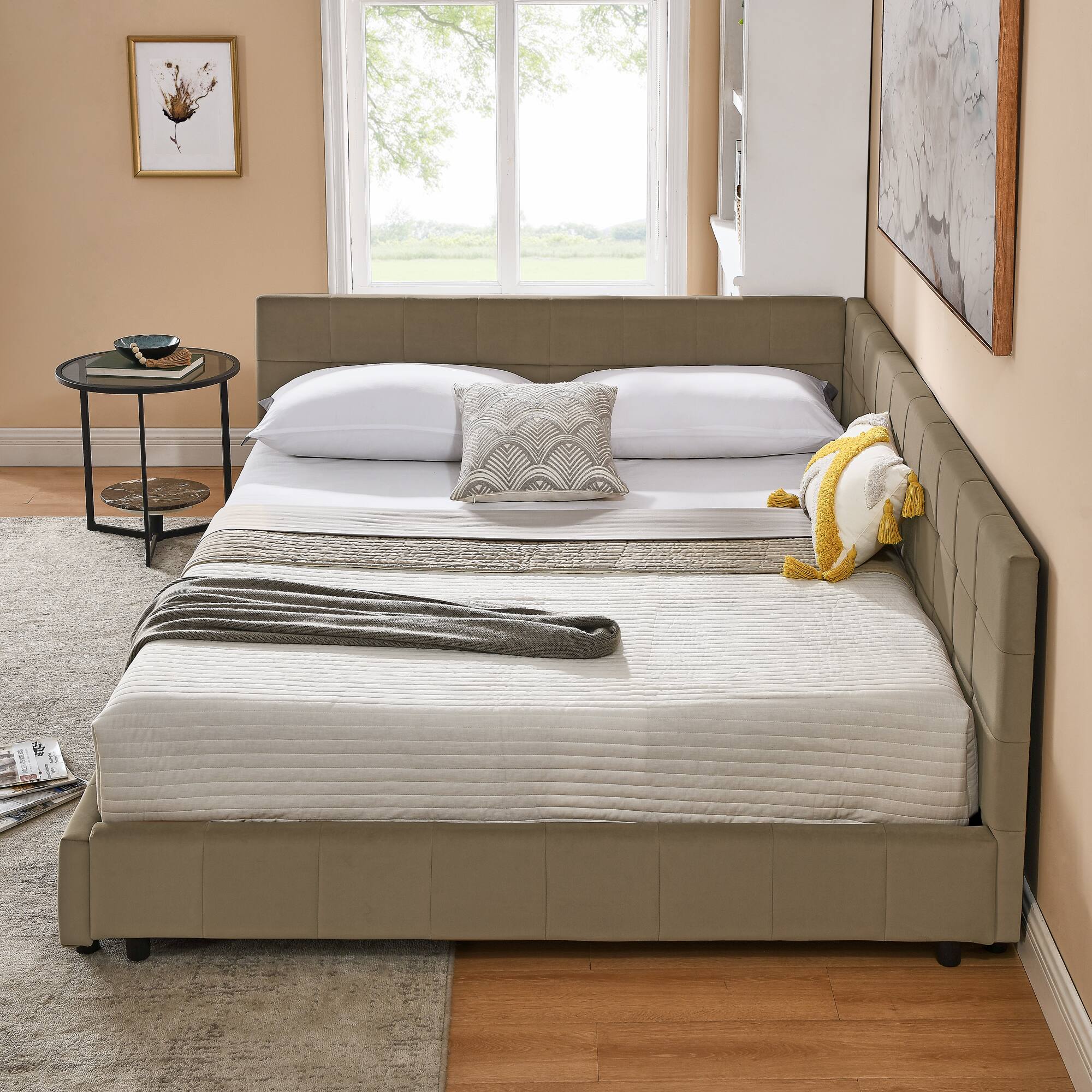 Left. Anysun - Queen Velvet Tufted Sofa Bed Frame - with Comfortable Backrest & Armrests for Bedroom or Living Room - Brown.